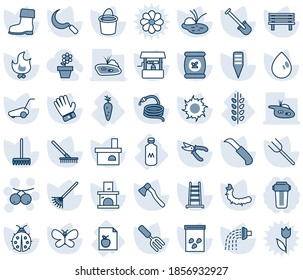 Blue tint and shade editable vector line icon set - rowanberry vector, garden fork, shovel, farm, rake, ladder, bucket, watering, pruner, glove, boot, lawn mower, butterfly, lady bug, fire, sun, axe