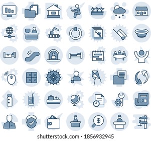 Blue tint and shade editable vector line icon set - baggage conveyor vector, reception, bed, escalator up, recieptionist, hotel, room, firework, snowfall, meeting, manager place, statistic monitor
