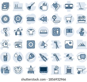 Blue tint and shade editable vector line icon set - elevator vector, taxi, passport control, tea, stamp, rake, butterfly, route, heavy scales, railroad, tv, dialog, gallery, record, photo, stapler