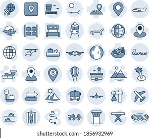 Blue tint and shade editable vector line icon set - airport tower vector, baggage conveyor, signpost, larry, plane, helicopter, luggage storage, bus, metal detector gate, train, truck, small, scales