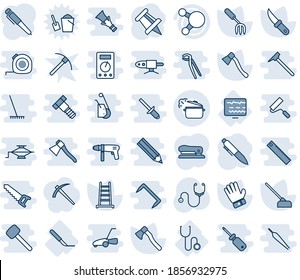 Icône de ligne vectorielle modifiable teinte bleue et ombre - stylo image vectorielle, épingle de dessin, fourche de jardin, échelle, gant, houe, couteau, hache, stéthoscope, écran de diagnostic, scalpel, partage, agrafeuse, poêle à vapeur, travail