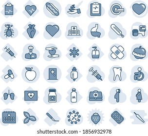 Tinta azul y sombra editable conjunto de iconos de línea vector - vectores de la sala de primeros auxilios, corazón, estuche médico, jeringa, presión arterial, termómetro, botella de pastillas, parche, tomografía, discapacitados, mano, estómago, caries