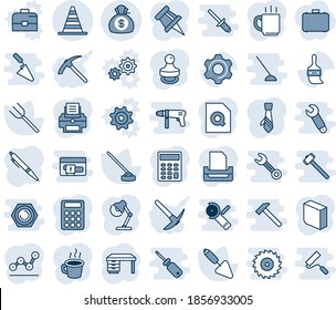 Blue tint and shade editable vector line icon set - border cone vector, desk, trowel, farm fork, hoe, settings, themes, money bag, coffee, drawing pin, document search, calculator, blank box, lamp