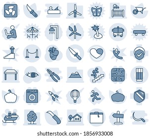 Blue tint and shade editable vector line icon set - fence vector, suitcase, airport bus, santa sleigh, wheelbarrow, garden knife, pumpkin, real heart, eye, run, shield, house with tree, windmill