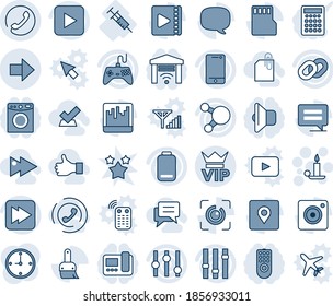Blue tint and shade editable vector line icon set - vip vector, phone, right arrow, candle, syringe, gamepad, settings, cell, share, chain, low battery, play button, fast forward, message, themes