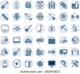 Blue tint and shade editable vector line icon set - security gate vector, washer, job, pencil, rake, dropper, barbell, doctor bag, office phone, monitor, radio, hdmi, battery, atm, ink pen, table