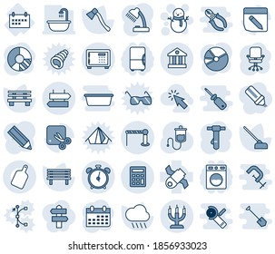 Blue tint and shade editable vector line icon set - barrier vector, alarm clock, signpost, safe, snowman, office chair, tie, calendar, circle chart, rain, hoe, axe, bench, dropper, schedule, notes