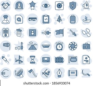 Blue tint and shade editable vector line icon set - satellite antenna vector, fence, airport bus, alarm clock, runway, male wc, officer window, side wind, christmas tree, firework rocket, tea, axe