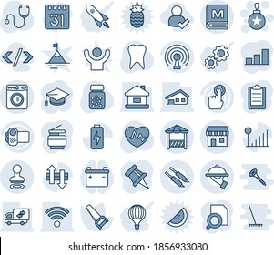 Blue tint and shade editable vector line icon set - stamp vector, washer, duty free, christmas ball, graduate, saw, heart pulse, stethoscope, pills bottle, tooth, antenna, video camera, touch screen