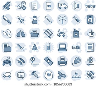 Blue tint and shade editable vector line icon set - antenna vector, coffee machine, christmas tree, garland, star postcard, pen, printer, seeds, lungs, syringe, thermometer, medical patch, speaker
