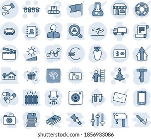 Blue tint and shade editable vector line icon set - shop vector, departure, christmas tree, garland, mobile phone, office chair, tie, contract, pills, real heart, vial, car delivery, clapboard, euro