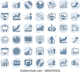 Blue tint and shade editable vector line icon set - growth statistic vector, presentation board, crisis graph, monitor, circle chart, statistics, report, account, bar, pie, point, arrow up, arrows
