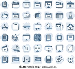 Blue tint and shade editable vector line icon set - fence vector, flight table, schedule, presentation board, meeting, clipboard, clapboard, sale, rooms, sold signboard, smart home, cutting, chip