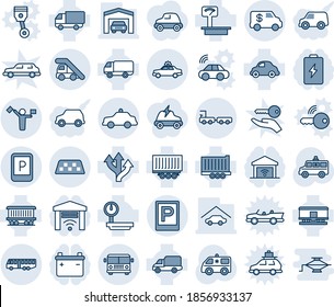 Blue tint and shade editable vector line icon set - dispatcher vector, taxi, airport bus, parking, alarm car, ladder, sign, safety, baggage truck, ambulance, route, railroad, trailer, delivery, jack
