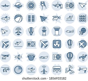Blue tint and shade editable vector line icon set - plane vector, airport tower, radar, departure, helicopter, seat map, traffic controller, arrival, boarding passengers, small, seats, globe, fan