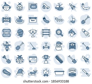 Blue tint and shade editable vector line icon set - trap truck vector, santa claus, christmas hat, sleigh, elf, job, shovel, lady bug, caterpillar, pond, bacteria, stomach, medical mask, eggplant