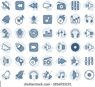 Blue tint and shade editable vector line icon set - vinyl vector, flame disk, microphone, radio, speaker, loudspeaker, settings, equalizer, headphones, fast forward, rewind, rca, tuning, bell, mute