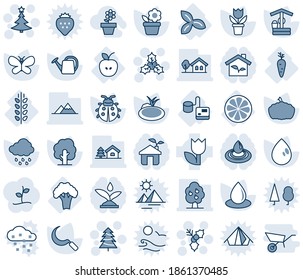 Blue tint and shade editable vector line icon set - Christmas tree vector, holly, flower in pot, watering can, butterfly, lady bug, water drop, rain, well, sickle, pumpkin, pond, apple, tonometer