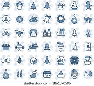 Blue tint and shade editable vector line icon set - christmas tree vector, firework, gift, bow, santa claus, sock, ball, candle, bell, cake man, snowman, calendar, hat, deer, holly, wreath, angel