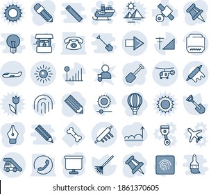 Blue tint and shade editable vector line icon set - right arrow vector, ladder car, sun, small plane, helicopter, santa sleigh, drawing pin, job, pencil, shovel, rake, well, broken bone, satellite
