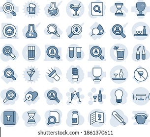 Blue tint and shade editable vector line icon set - cafe vector, wine, glasses, document search, bulb, blood test vial, thermometer, heart diagnostic, ampoule, diagnosis, bacteria, no alcohol sign