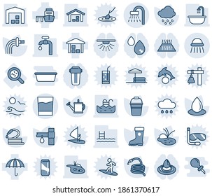 Blue tint and shade editable vector line icon set - shower vector, watering can, bucket, boot, water drop, rain, hose, pond, drip irrigation, bacteria, sea port, umbrella, warehouse, pool, supply