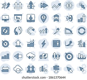 Blue tint and shade editable vector line icon set - signpost vector, left arrow, elevator, growth statistic, up side sign, sorting, update, data exchange, download, compass, dollar sun, pin, moving
