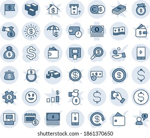 Blue tint and shade editable vector line icon set - dollar sign vector, cash, mobile payment, coin, euro, big, insurance, sun, smile, atm, calendar, flag, money bag, pay, encashment, wallet, purse