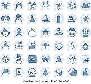 Blue tint and shade editable vector line icon set - christmas tree vector, gift, santa claus, sock, ball, star, bow, gloves, cake man, snowman, hat, deer, firework, holly, angel, wine glasses, stick