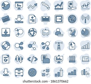 Blue tint and shade editable vector line icon set - antenna vector, growth statistic, crisis graph, document, reload, diagnosis, patient card, barcode, satellite, network, share, scanner, download