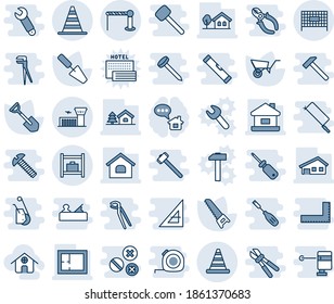 Blue tint and shade editable vector line icon set - barrier vector, border cone, airport building, fenced area, road, baggage room, trowel, shovel, wheelbarrow, saw, house, with garage, tree, plan