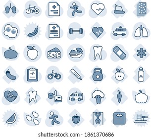 Blue tint and shade editable vector line icon set - pumpkin vector, seeds, heart pulse, diagnosis, patch, ambulance car, barbell, bike, run, lungs, tooth, clipboard, apple, tonometer, thermometer