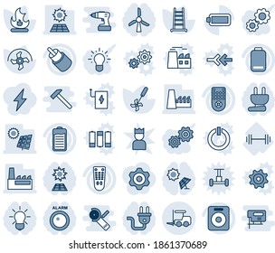 Blue tint and shade editable vector line icon set - fork loader vector, ripper, ladder, fire, barbell, remote control, speaker, battery, low, rca, sun panel, factory, power plug, bulb, windmill