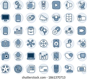 Blue tint and shade editable vector line icon set - satellite antenna vector, reel, archive chest, camera, microphone, news, speaker, loudspeaker, tv, gamepad, equalizer, video, remote control, low