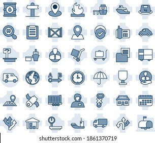 Blue tint and shade editable vector line icon set - baggage trolley vector, route, signpost, navigation, earth, pin, store, satellite, office phone, support, client, sea shipping, truck trailer