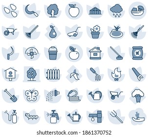 Blue tint and shade editable vector line icon set - flower in pot vector, garden fork, shovel, farm, ripper, fence, rake, tree, watering can, wheelbarrow, bucket, saw, lawn mower, butterfly, fire