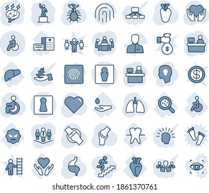 Blue tint and shade editable vector line icon set - male vector, female, disabled, pedestal, brainstorm, manager place, heart, hand, stomach, lungs, real, joint, virus, hospital building, bacteria