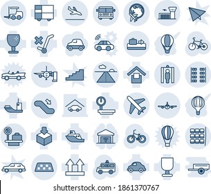 Blue tint and shade editable vector line icon set - plane vector, taxi, arrival, baggage conveyor, airport bus, fork loader, seat map, luggage scales, globe, building, runway, metal detector gate