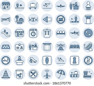 Blue tint and shade editable vector line icon set - airport tower vector, runway, plane radar, satellite antenna, taxi, departure, arrival, baggage trolley, spoon and fork, cafe, passport control