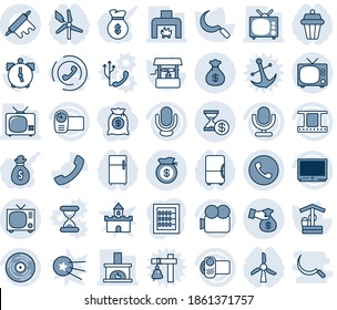 Blue tint and shade editable vector line icon set - phone vector, tv, well, sickle, film frame, vinyl, video camera, microphone, call, alarm, money bag, encashment, account history, abacus, horn