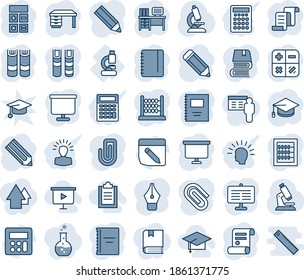 Blue tint and shade editable vector line icon set - contract vector, book, calculator, graduate, desk, notepad, presentation board, pencil, microscope, lab, notes, copybook, paper clip, abacus, hat