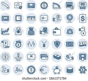 Blue tint and shade editable vector line icon set - credit card vector, safe, money bag, crisis graph, receipt, euro, yen, monero, coin, dollar, cash, exchange, sun, bank, atm, calendar, investment