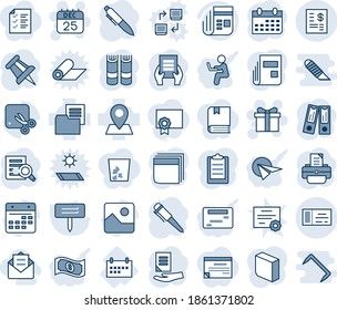 Blue tint and shade editable vector line icon set - ticket vector, gift, 25 dec calendar, book, office binder, document search, pen, drawing pin, printer, plant label, schedule, folder, news, cut
