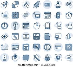 Blue tint and shade editable vector line icon set - no mobile vector, wireless notebook, antenna, credit card, tracking, message, calculator, clock, alarm, stopwatch, sd, calendar, notes, torch, sim