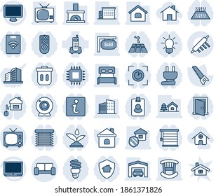 Tinta azul y sombra editable conjunto de iconos de línea vector - vectores de tv, zona de espera vip, sierra, casa, teléfono de oficina, monitor, con árbol, garaje, letrero vendido, edificio, dormitorio, habitación para niños, chimenea