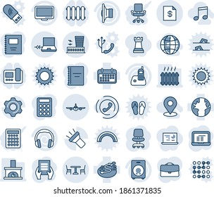 Blue tint and shade editable vector line icon set - cafe vector, plane, airport building, notebook connect, office chair, pc, document, earth, term, route, speaker, headphones, monitor, radio phone