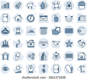 Blue tint and shade editable vector line icon set - automatic door vector, fenced area, mouse, house, sickle, molecule, joint, eye, stopwatch heart, folder document, brightness, euro, ink pen, tie