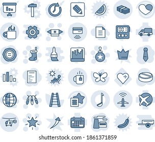 Blue tint and shade editable vector line icon set - plane radar vector, tea, helicopter, christmas sock, garland, ball, star, candy, tie, factory, stamp, ladder, butterfly, pills, heart, term, notes