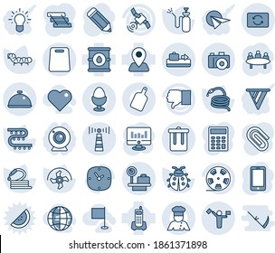 Blue tint and shade editable vector line icon set - dispatcher vector, antenna, baggage conveyor, trash bin, luggage scales, camera, mobile phone, meeting, statistic monitor, pencil, ripper, hose