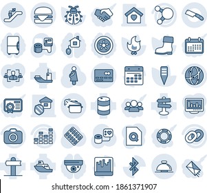 Blue tint and shade editable vector line icon set - escalator vector, credit card, reception bell, boot, lady bug, fire, plant label, blood pressure, pills blister, pregnancy, signpost, sea shipping